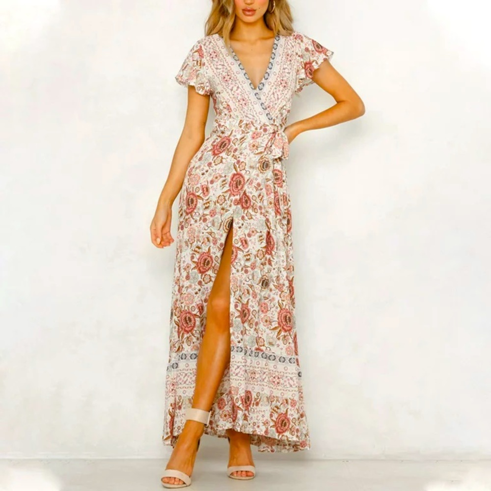 HP❤️New Women Fashion Boho Summer Side Split Deep V Neck Maxi Dress Sz S